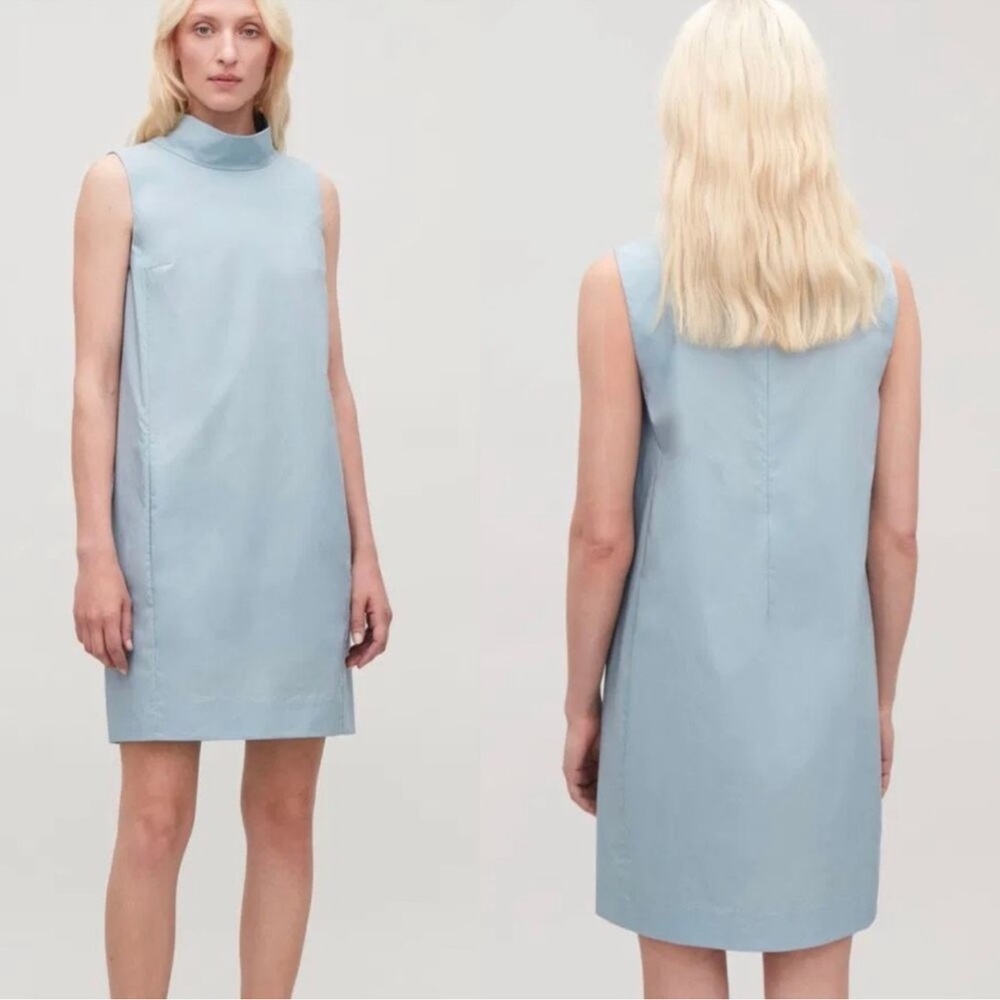 COS Cocoon Shift Dress Size 12 Sleeveless Mock Neck Minimalist Modern Light Blue